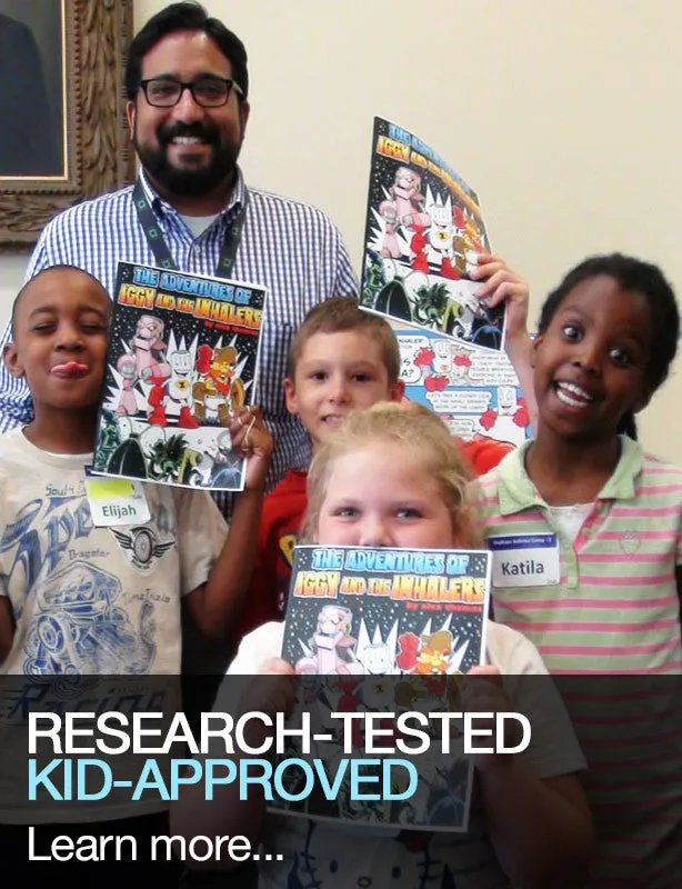 Dr. Thomas with kids holding Iggy comic books