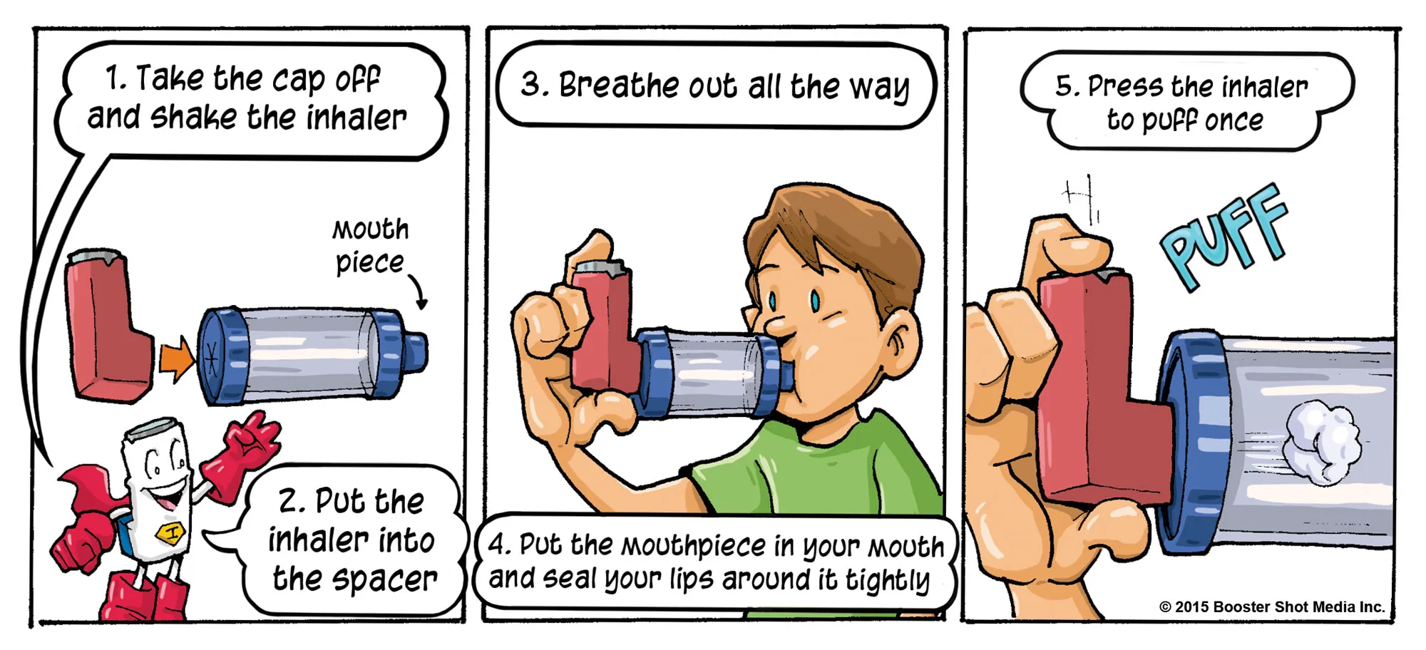 Comic strip showing child using inhaler with spacer