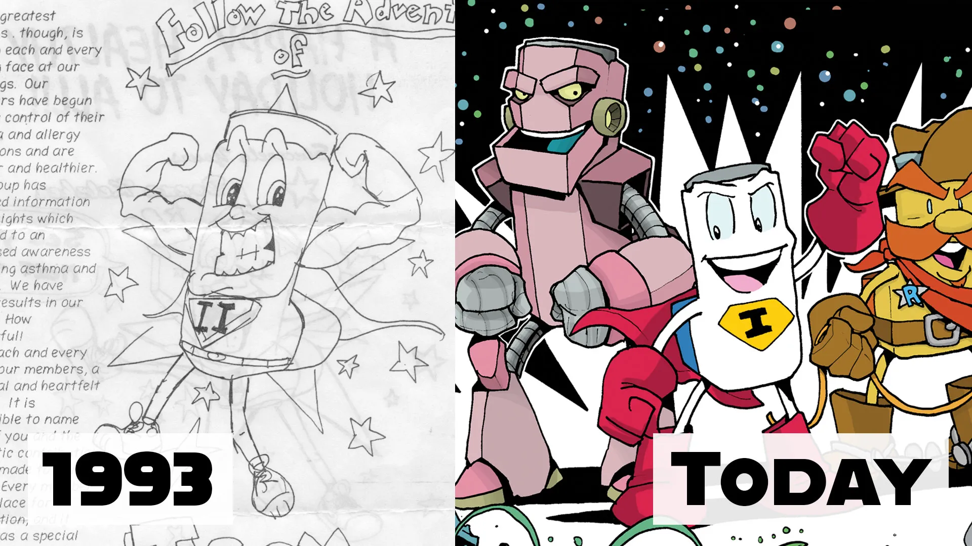 Original Iggy drawing from 1993 compared with current Iggy character